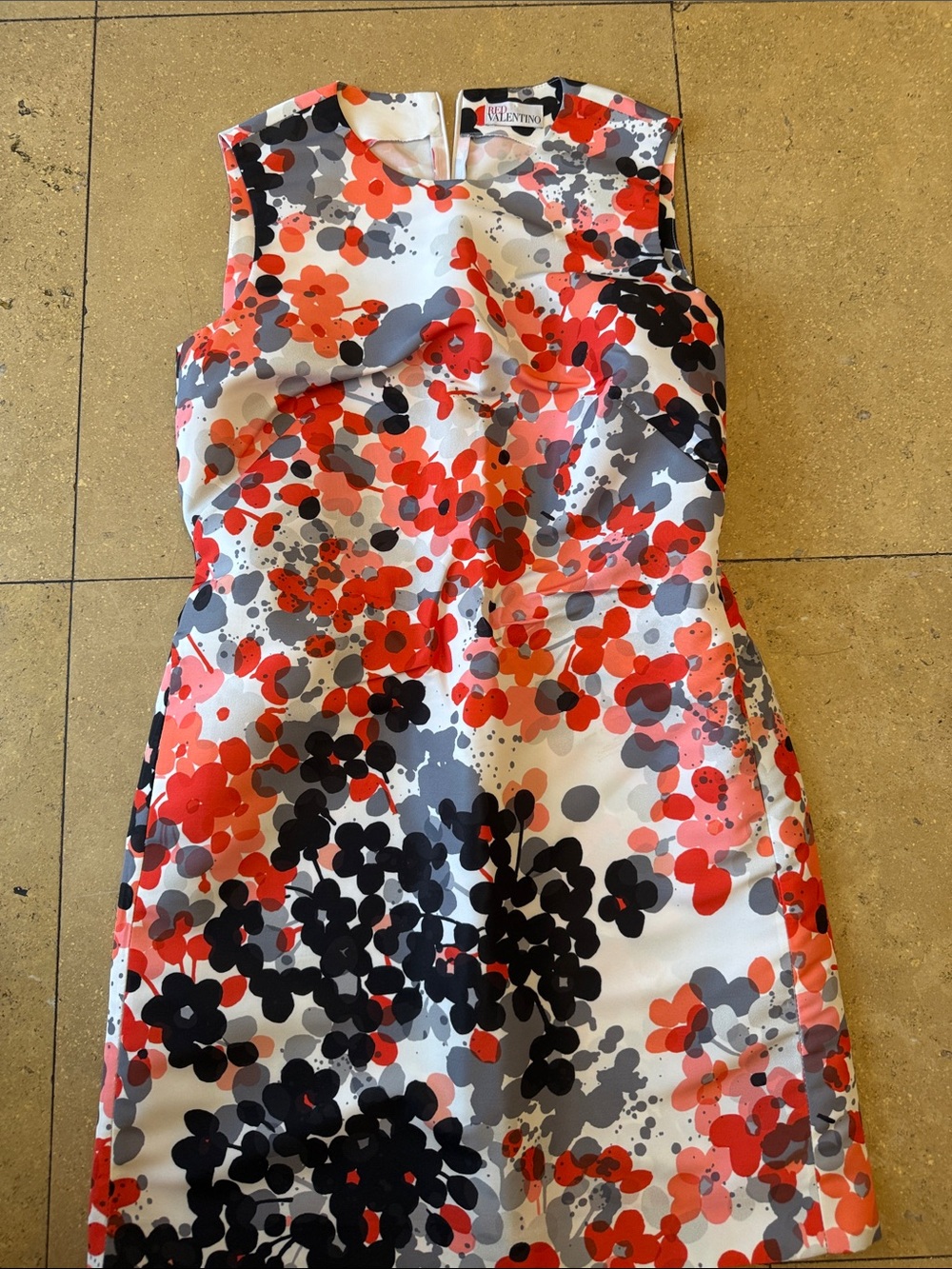 RED Valentino White Mini Dress with Red, Black & Gray Floral Pattern